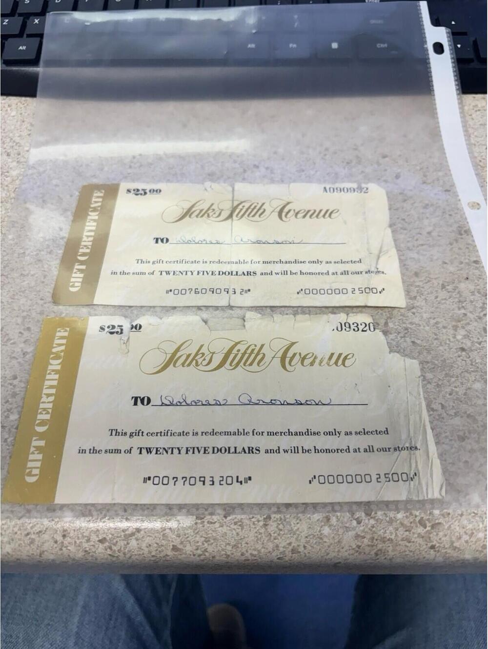 2 Vintage Saks Fifth Avenue Gift Certificates